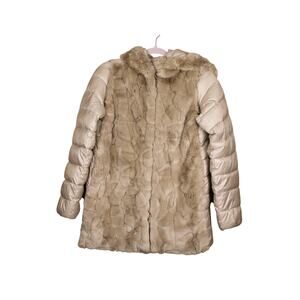 NWT Intrend Tan Quilted & Faux Fur Button Warm Up Hooded Reversible Coat Size 0